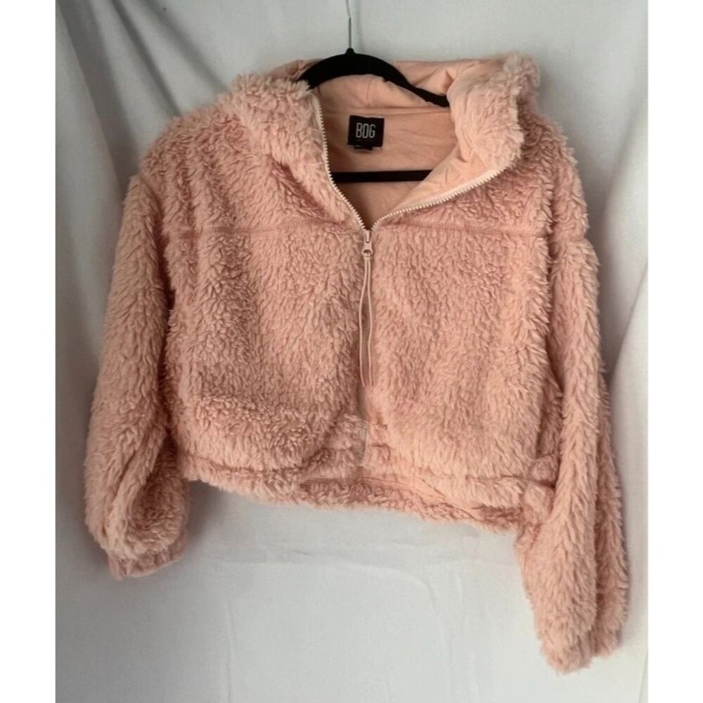 BDG Pink Fuzzy Teddy Zip Hoodie (Cropped)